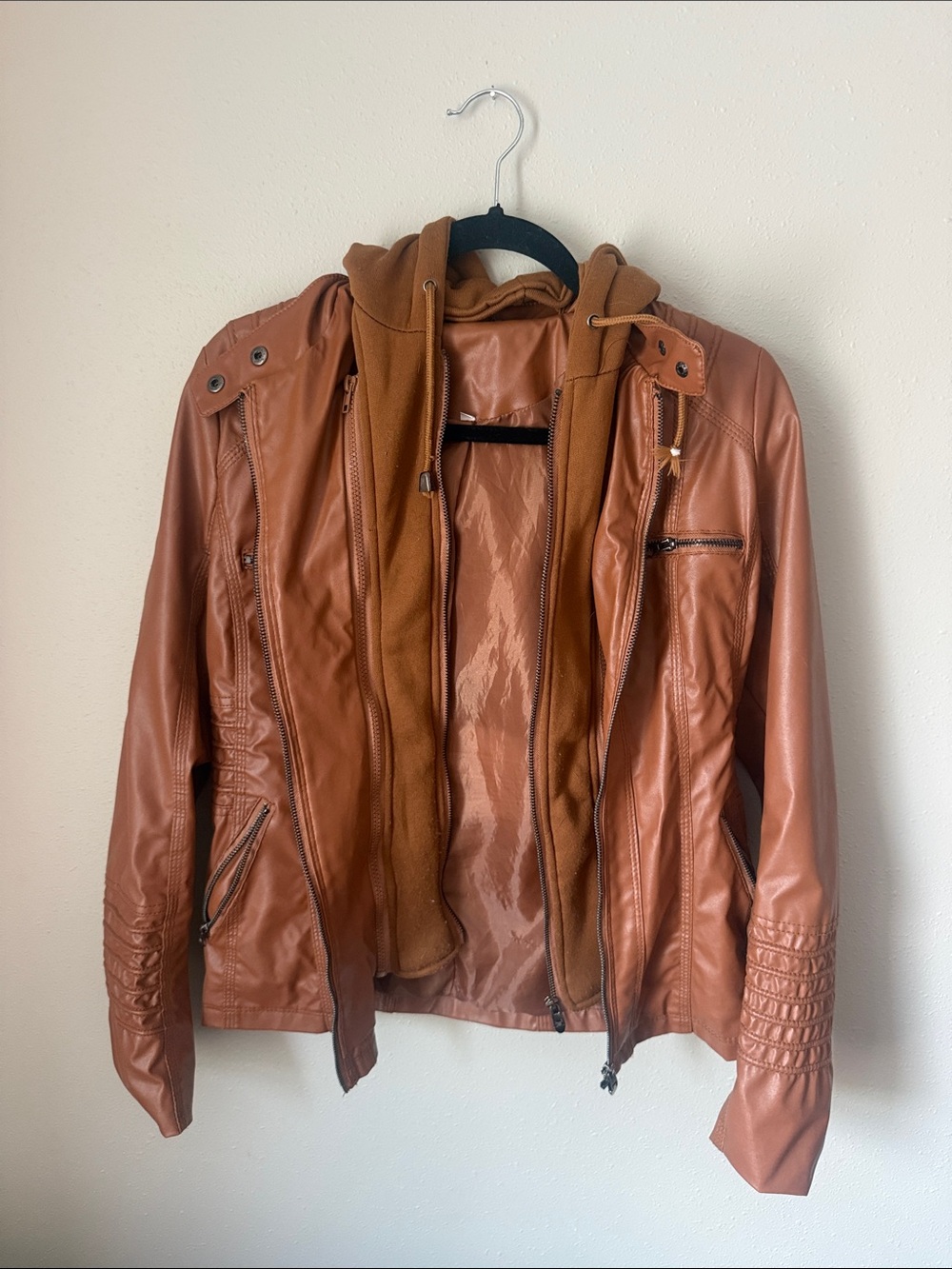 Women’s  Brown Faux Leather Hooded Jacket with Removable Liner